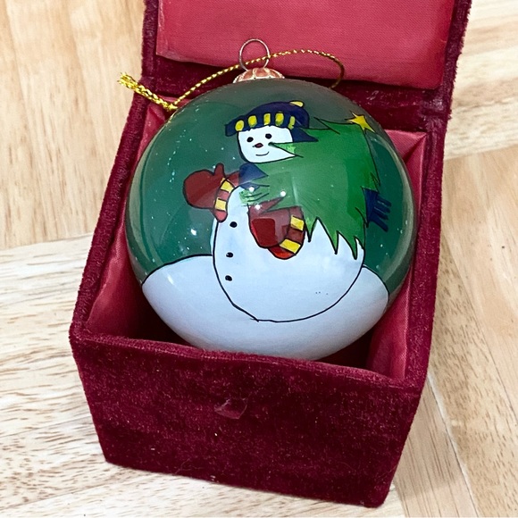 Retired Li Bien Green Snowman Carrying Christmas Tree Glass Ornament - Picture 3 of 7